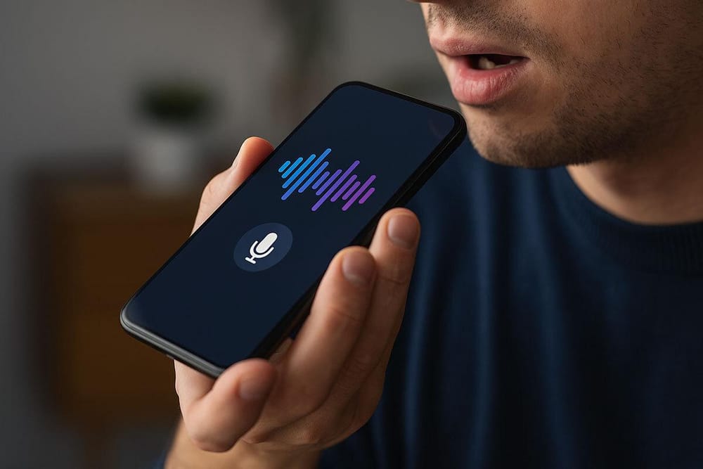 A man speaking Into the microphone of his phone using text-to-speech technology.