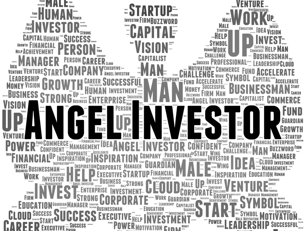A typographic collage emphasizing "Angel Investor" surrounded by related terms like "success," "growth," and "venture," highlighting entrepreneurial themes.