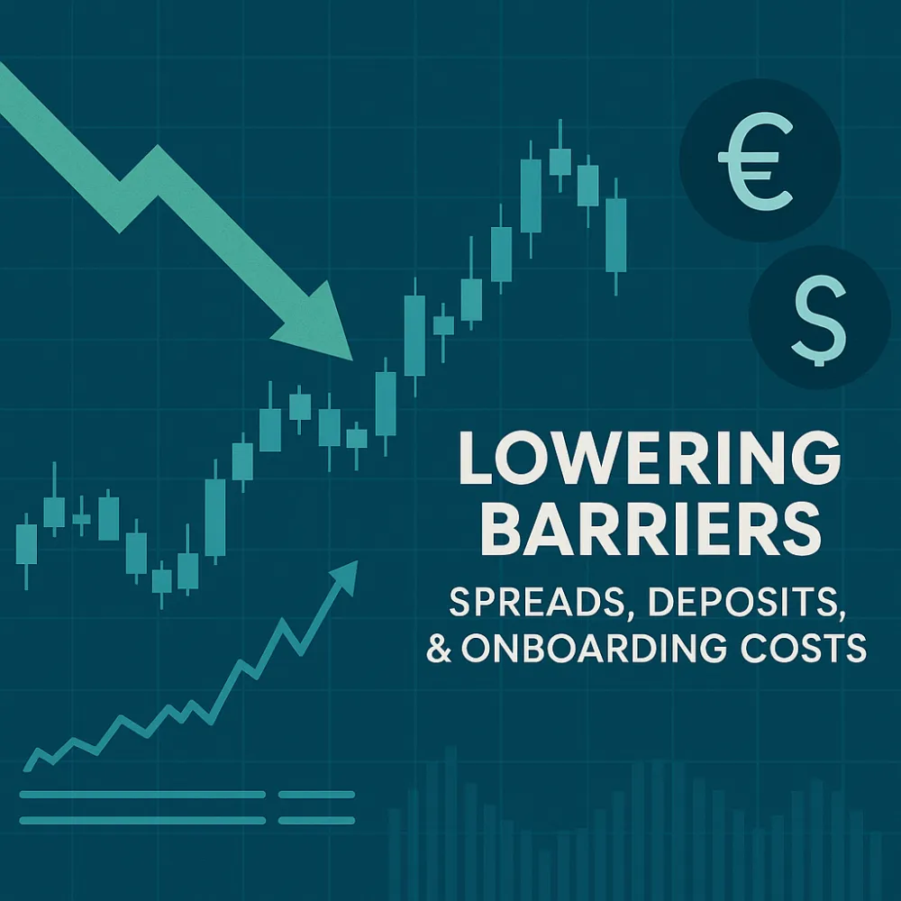 Forex trading dashboard with candlestick chart, currency symbols, and arrows illustrating lowering barriers in spreads, deposits, and onboarding costs