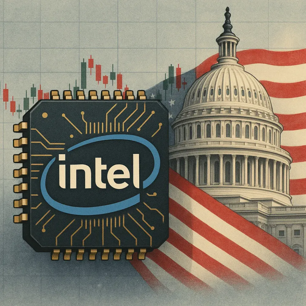 An Intel microchip overlaying a financial chart, with the U.S. Capitol dome and an American flag in the background, symbolizing tech and policy.