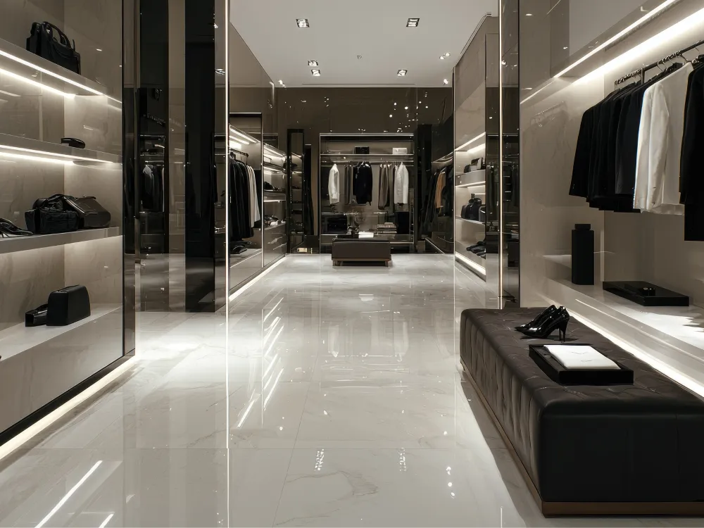 A modern, sleek boutique interior featuring white marble floors, stylish clothing displays, and minimalist black furniture.