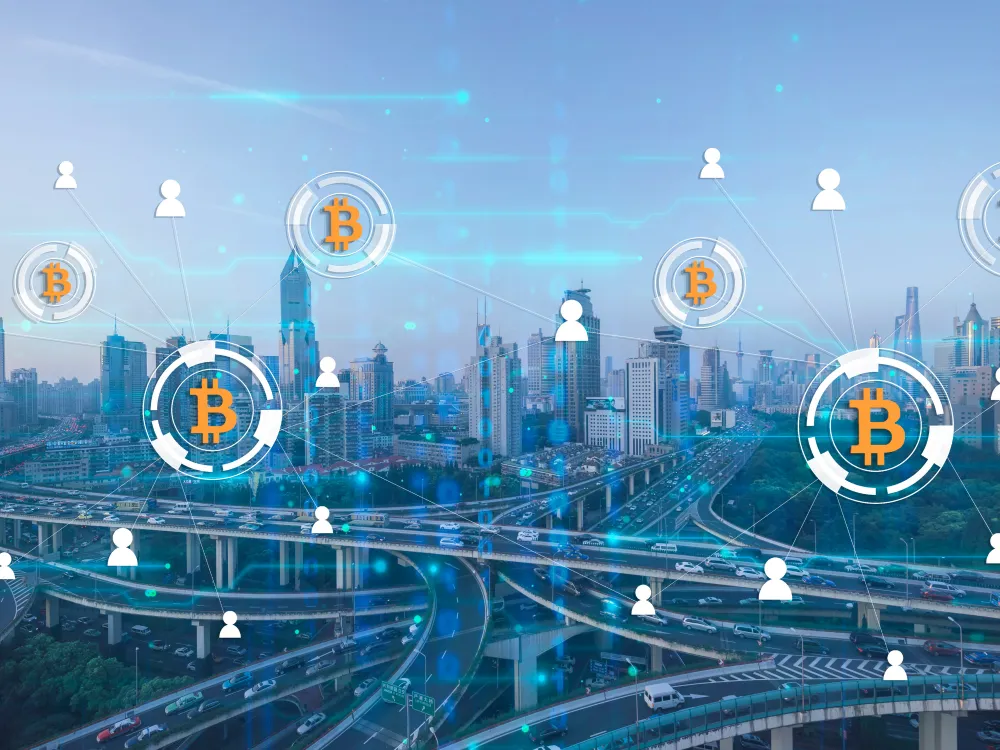 A city skyline showcases digital Bitcoin symbols and network connections, representing cryptocurrency's impact on urban life and technology.