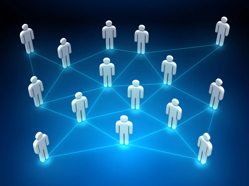A network of stylized human figures connected by blue lines on a gradient background, representing social connections or teamwork.