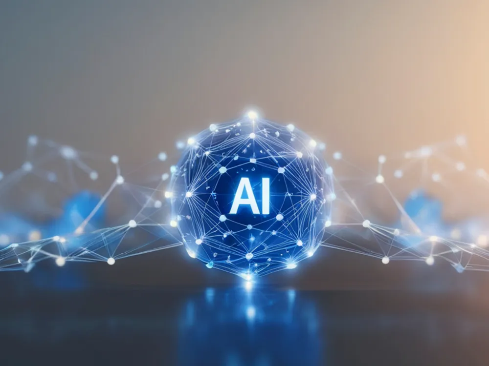 A glowing blue sphere labeled "AI" connected by digital lines, symbolizing artificial intelligence and network connections.