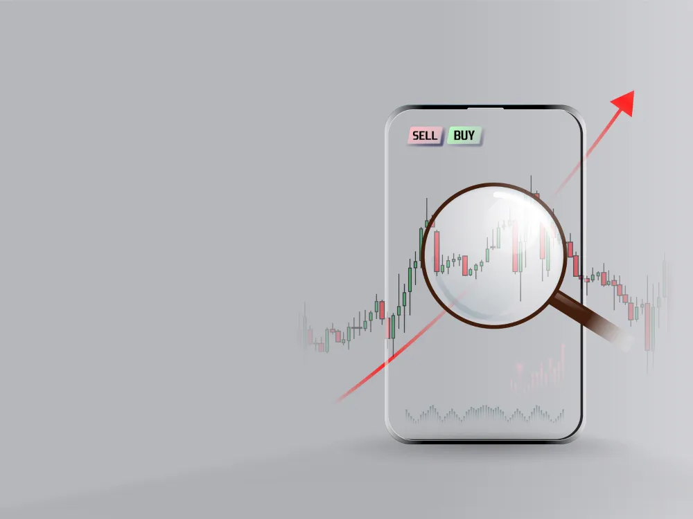 A smartphone displaying a financial chart under a magnifying glass, with "SELL" and "BUY" buttons and an upward trend arrow.