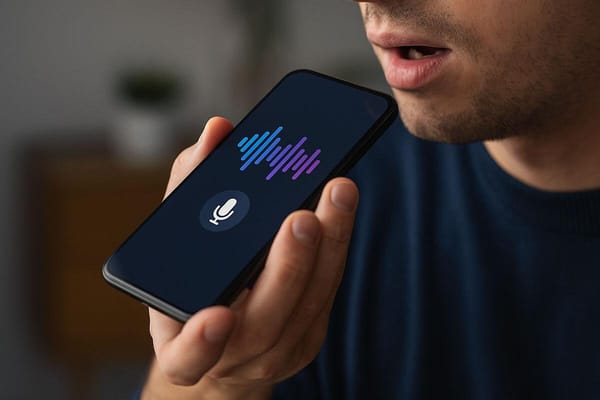 A man speaking Into the microphone of his phone using text-to-speech technology.