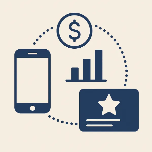 Minimalist digital illustration showing interconnected icons of a smartphone, dollar sign, bar chart, and loyalty card in a circular layout.