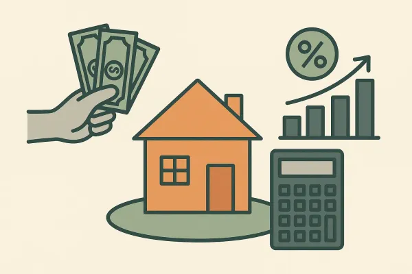 Illustration of a house with money, a calculator, and a rising bar chart with a percentage symbol, representing Help to Buy loan repayment