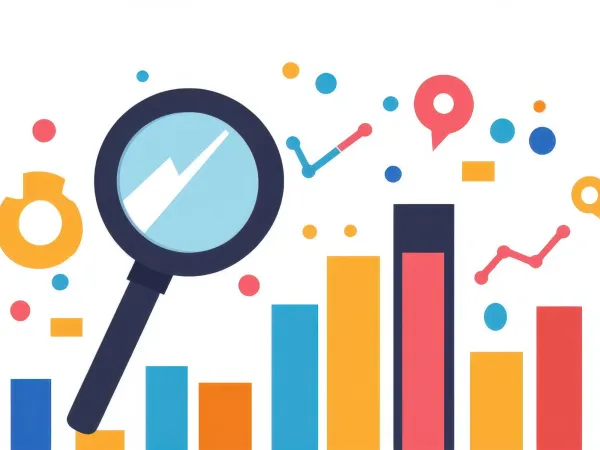 A magnifying glass over vibrant bar charts and colorful data points, symbolizing analysis and data visualization.