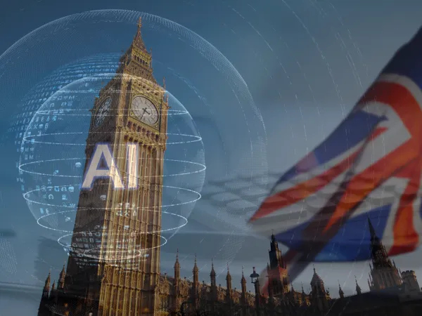 A composite image of Big Ben surrounded by digital elements and the text "AI", with the UK flag subtly in the background.