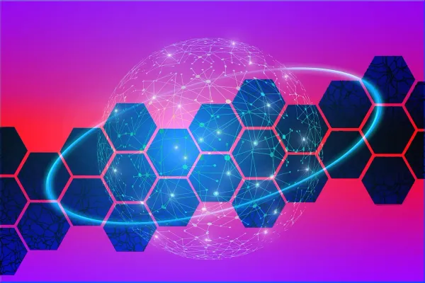 Abstract graphic featuring interconnected hexagons on a gradient background with glowing lines and a globe, symbolizing technology and connectivity.