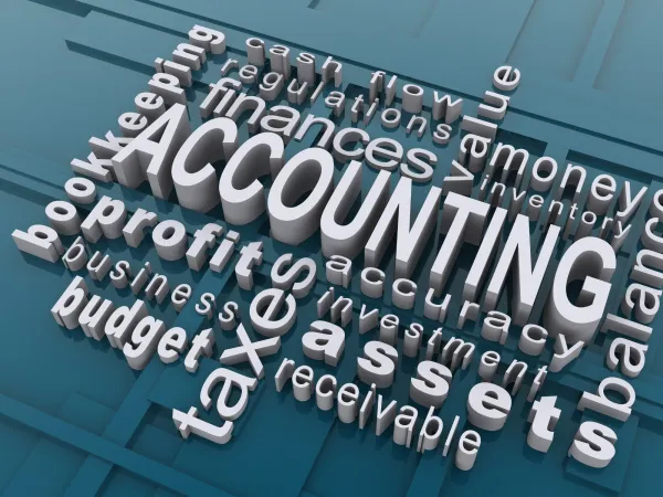 3D text artwork featuring the word "ACCOUNTING" surrounded by related terms like profits, assets, budget, and investments against a blue background.