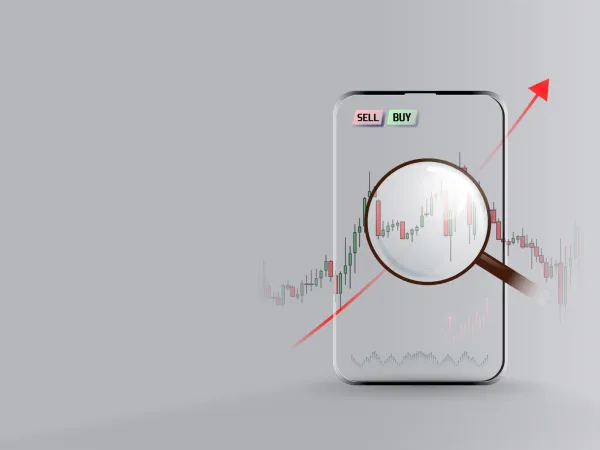 A smartphone displaying a financial chart under a magnifying glass, with "SELL" and "BUY" buttons and an upward trend arrow.