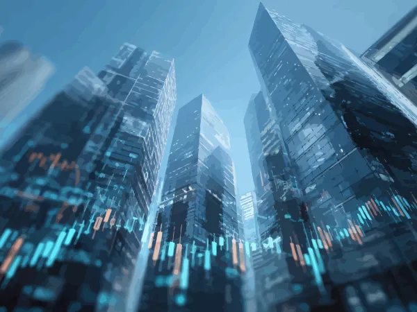 Stylized blue-toned illustration of modern skyscrapers with overlaid financial market candlestick charts, symbolizing digital finance, data-driven markets, and economic analysis.